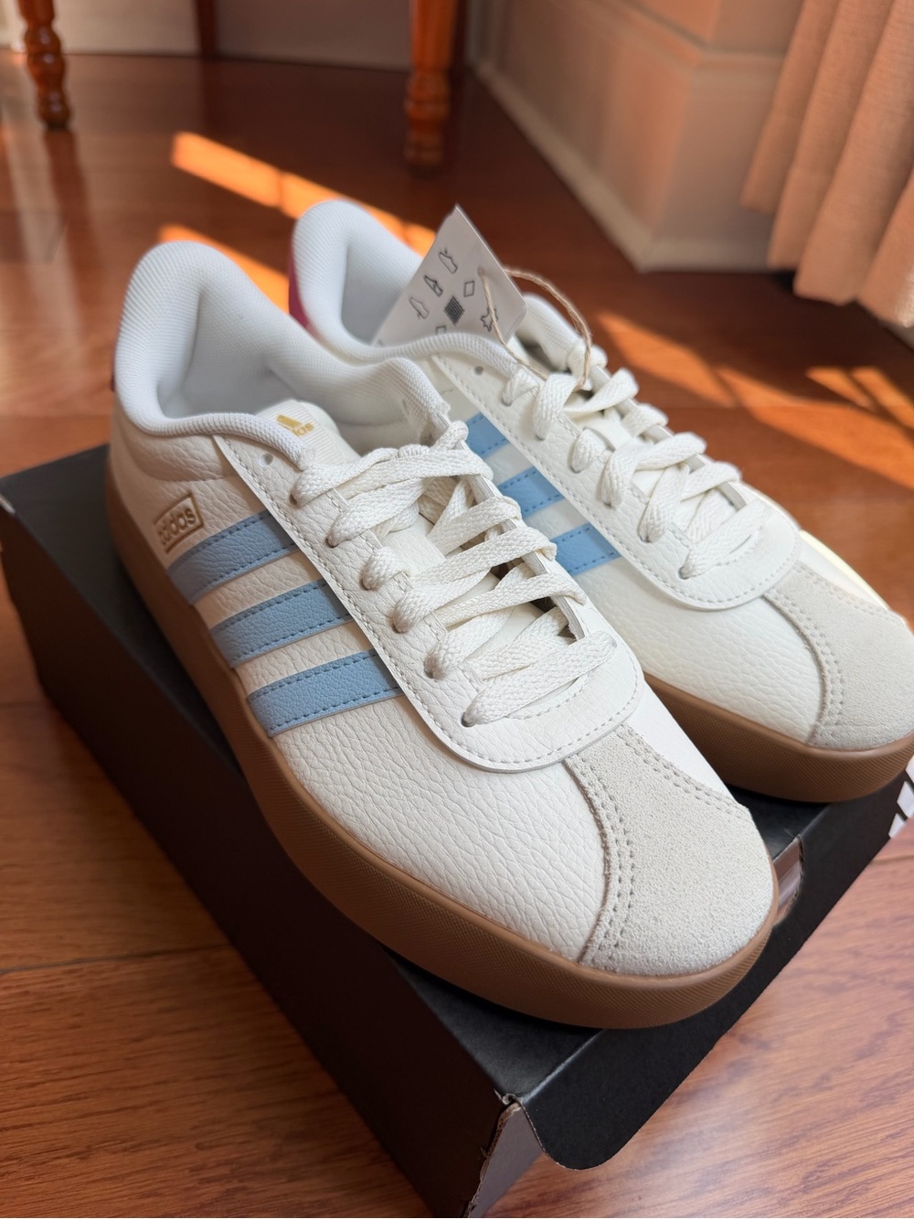 VL Court 3.0 Adidas Women’s White Sneakers with Light Blue Stripes